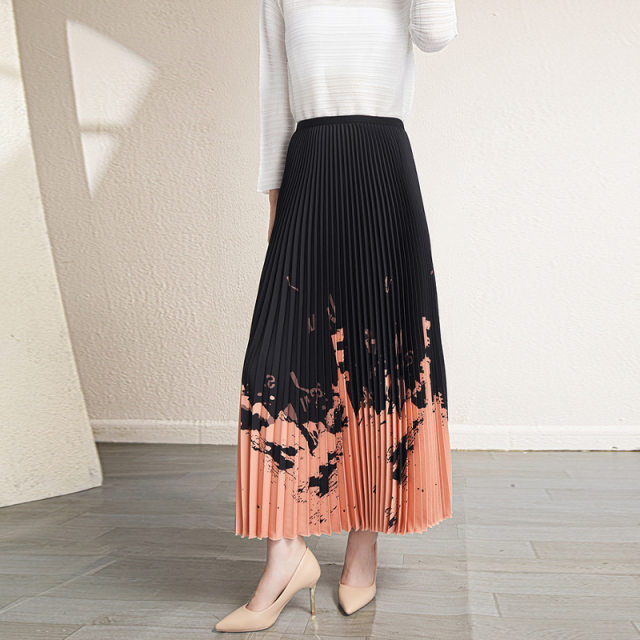 Design-sensual printed pleated skirt for women in autumn and winter mid-length high waist slim spring large size A-line skirt long drooping