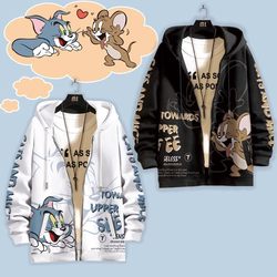 Tom and Jerry Co-Branded Sweatshirt for Men, Autumn Fleece-Lined Couple's Jacket, Large Size Hooded Cardigan, Thickened Top