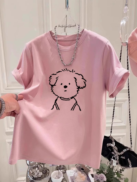 Harajuku Wind Belief Cartoon Student Mid -length Half -Half -Half -Half Top Girls Summer INS Ring Niche Pink Bottom Shirt
