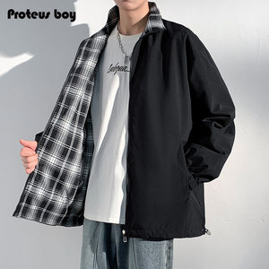 
ProteusBoy jacket men's spring and autumn American retro double-sided plaid outdoor sports windproof stand-collar jacket