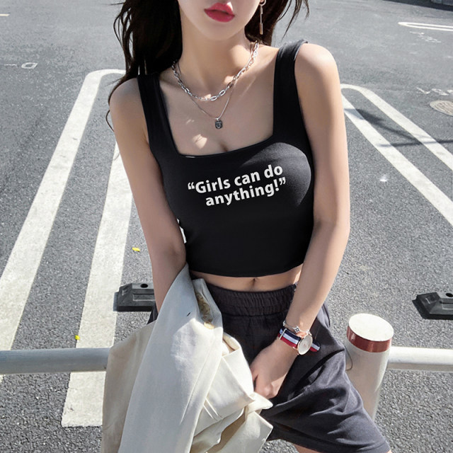 Letter Print Black Sports Vest Women's Summer Slim Jazz Dance Sexy I-Class Square Collar Wide Shoulder Strap Strap