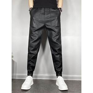 Men's versatile plus velvet thickened warm motorcycle windproof waterproof PU leather pants stretch slim-fitting little feet Harlen trousers
