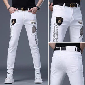 
European station niws hot diamond jeans for men's trendy brand elastic slim fit small feet versatile casual white trousers