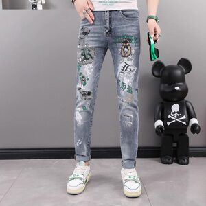 
Printed jeans men's slim feet spring and autumn Korean style trendy elastic trend brand new casual nine-point pants