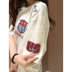 American Retro Trendy Brand Heavy-Duty Badge Embroidery Pure Cotton Short-Sleeve T-Shirt for Women, Summer Loose-Fitting Couple's Jersey-Style Top