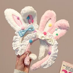 Cute Plush Bunny Ears Lace Bow Headband for Women, Hair Hoop, Children's Hairpin, Headwear for Autumn and Winter