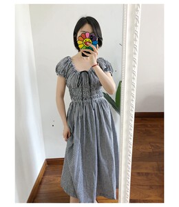 
Off-size discount Buyer's store French puff sleeve waist tie dress black and white plaid long skirt