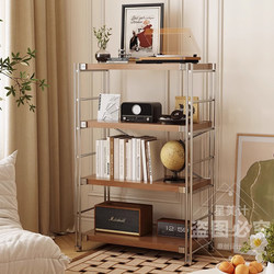 Japanese-Style Steel-Wood Storage Rack for Living Room, Balcony, Vintage Storage Shelf, Bookshelf, Household Kitchen Microwave Oven Storage Rack