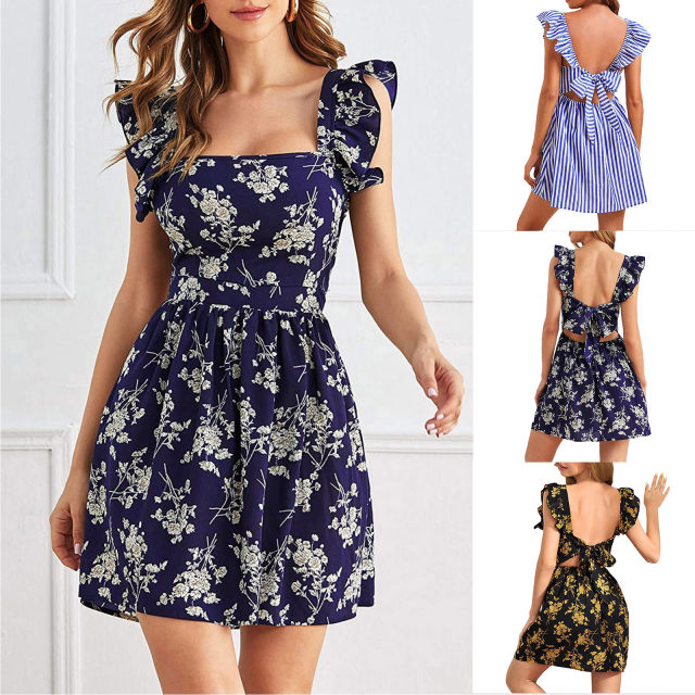 Short Sleeve Square Neck Floral Dress Short Sleeve Tightening Square Collar Floral A-line Skirt Summer