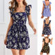 Short Sleeve Square Neck Floral Dress Short Sleeve Tightening Square Collar Floral A-line Skirt Summer