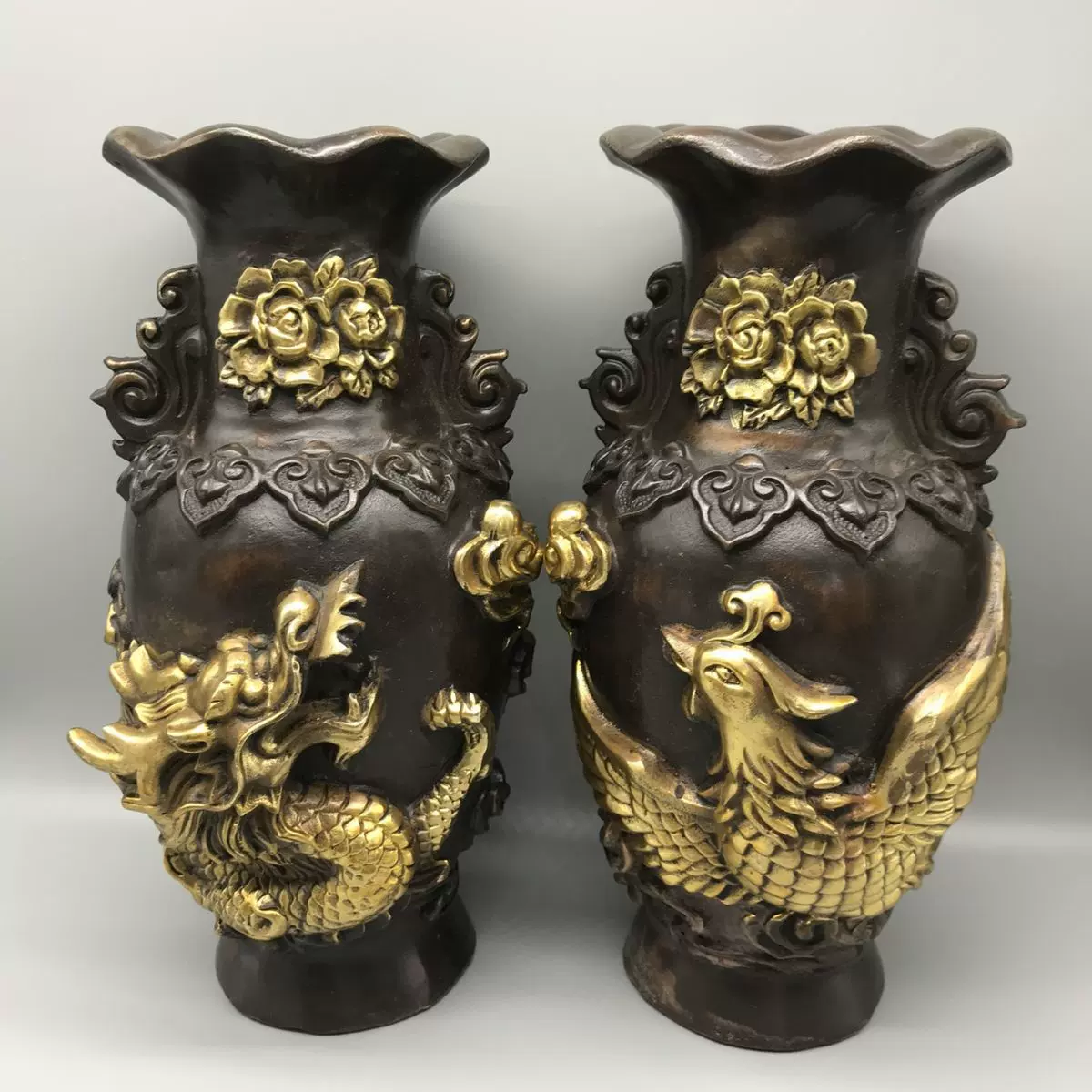 美術品 銅製 神獣紋 龍鳳 花瓶 賞瓶 置物 2個同出 希少