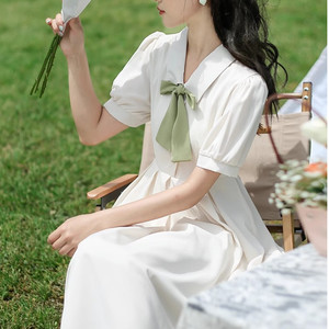 
French literary bow tie short-sleeved dress chiffon skirt women's 2025 summer new high-waisted a-line skirt