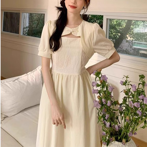 South Korea Chic summer retro new Chinese -style plate buckle design sense pattern pure color high waist thin short sleeve dress female
