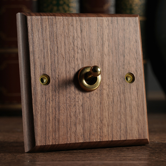 Vintage Black Walnut Wood Panel Brass Lever Switch - 86 Type