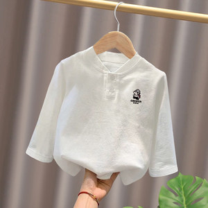 
Boys and girls Henry collar white long-sleeved T-shirt bottoming shirt spring and autumn new pure cotton cartoon fun printed POLO shirt