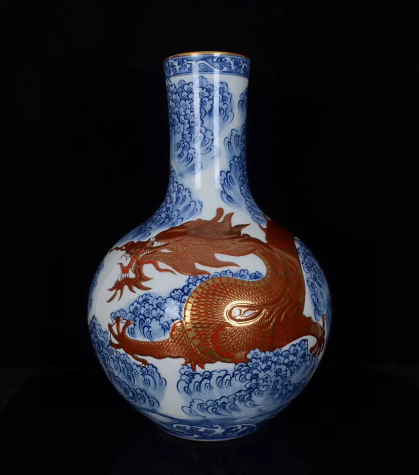 清乾隆青花矾红雕刻描金龙纹云龙纹天球瓶古董古玩瓷器收藏-Taobao