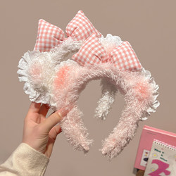 Cute Pink Bow Bear Ear Headband for Women, Autumn and Winter Plush Face Washing Headband Hair Clip Headwear