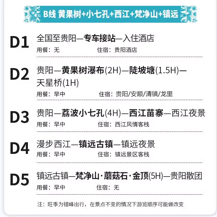 头等舱贵州旅游高端纯玩黄果树大小七孔西江苗寨青岩5天4晚跟团游