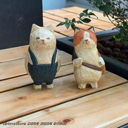 Retro Old-Fashioned Hand-Carved Wooden Cat Creative Desktop Ornaments Wooden Carving Crafts Indoor Landscaping Decoration