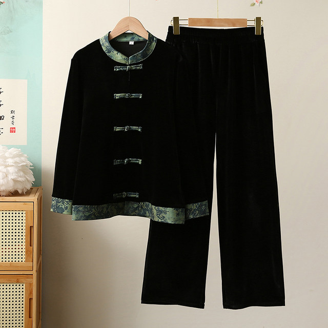 Mom Spring Velvet Suit Middle-aged and Elderly Women's New Chinese Style Patch Top Spring and Autumn Clothes Grandma Tang Fashion