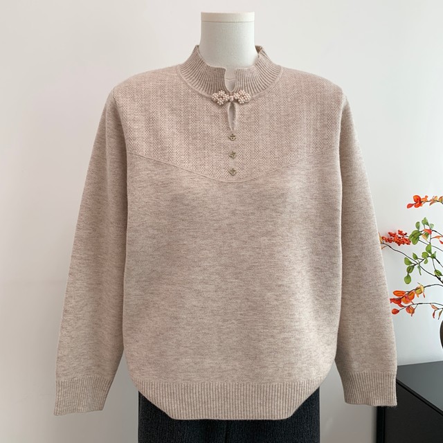 Cheongsam collar mother's wear autumn and winter velvet thickened sweater bottoming shirt middle-aged and elderly warm national style knitted top for women