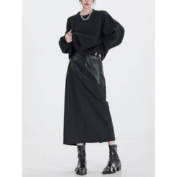 Abwear Fog Gray Riverside-original New Winter A-line Skirt For Women Black Stitching Hip Leather Skirt Long Skirt