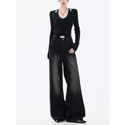 Abwear Strolling Plan-original Autumn And Winter Black Wide-leg Jeans For Women, Loose And Slim Floor-length Straight Pants