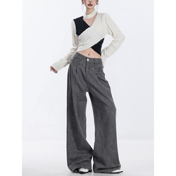 Abwear Virtual Island-original Autumn And Winter New Style Plus Velvet Jeans For Women, Drapey Wide-leg Pants, Straight-leg Pants