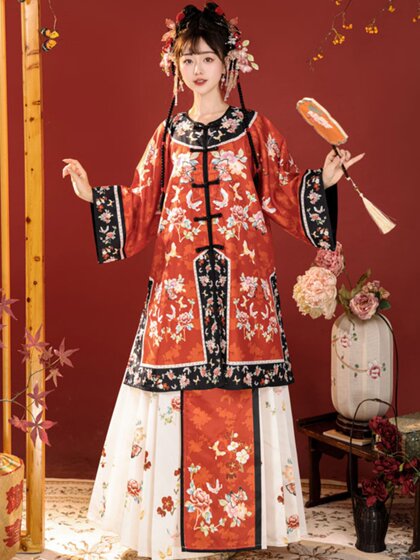 Original [Auspicious] Qing Han Women's Double breasted Round Neck Non Han Clothing Retro Style Ethnic Clothing Qing Dynasty Palace Costume Set
