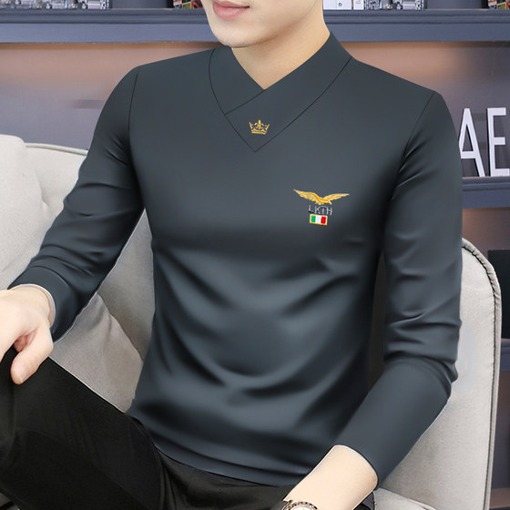 2025 Spring and Autumn New Men's V-neck Long Sleeve T-shirt Slim Body Shirt Middle-aged and Elderly Base Shirt Underwear Clothes