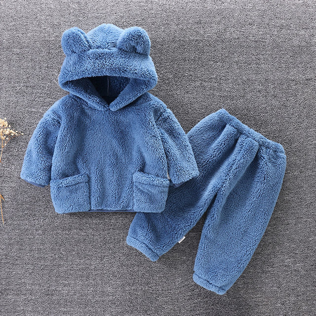 Children's autumn and winter flannel suit baby pajamas home clothes warm hooded outer two-piece set 2025 new style