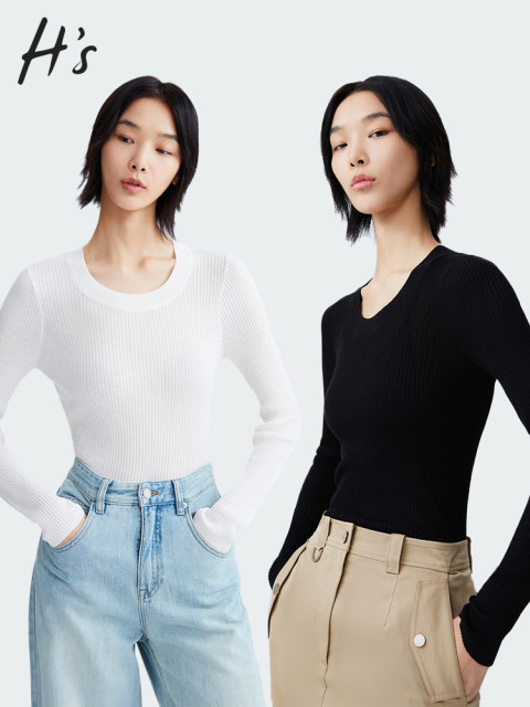 HS Outlet Spring New Solid Color Slim Knit Sweater Women's Basic Versatile Simple U-neck Pullover Top

