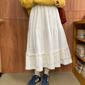 
Lsland velvet white half-length skirt for women in autumn and winter new style thickened high weight lace A-line skirt