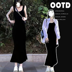 Black Fishtail Dress for Women, Summer Long Style, High-End Spaghetti Strap Dress, Slim-Fitting Bodycon Skirt