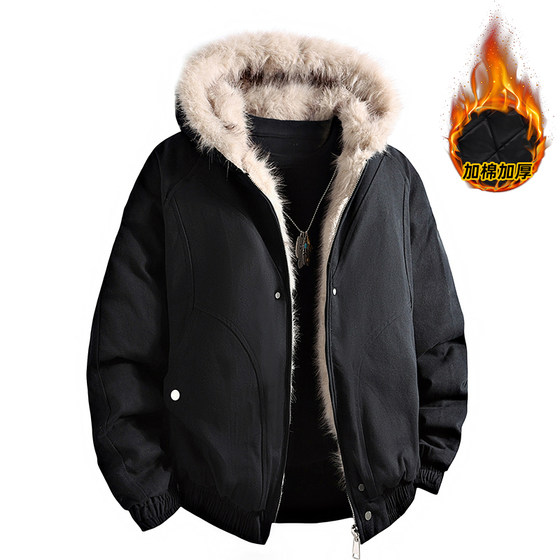 
American retro fur collar hooded couple style student handsome cotton coat for men and women thickened warm coat winter cotton coat