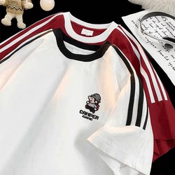 American-Style Heavyweight Pure Cotton Color-Block Short-Sleeve Unisex Top Summer Trendy Brand ins Design Cartoon T-Shirt Loose Half-Sleeve