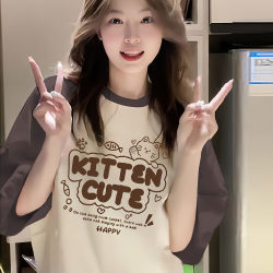 American-Style Raglan Pure Cotton Short-Sleeve T-Shirt for Girls, Summer Wear for Older Children, 2026, Loose Half-Sleeve Top for Middle and High School Students, Summer