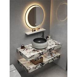 Hotel Bathroom Sink Vanity Cabinet with Stone Countertop, Artistic Basin, Double-Layer Washbasin Cabinet Set