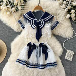 Japanese soft girl fashion suit female navy collar mesh short top puffy skirt petite hot girl two piece set