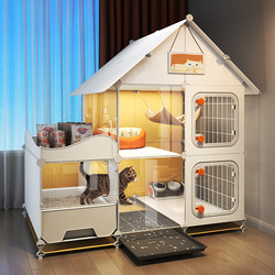 Cat Villa with Integrated Toilet, Luxurious Cat House with One Bedroom, One Living Room, One Bathroom, Large Indoor Free Space for Home Use