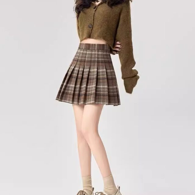 Large size 2025 summer new British style skirt for women's age-reducing pleated skirt retro woolen A-line short skirt