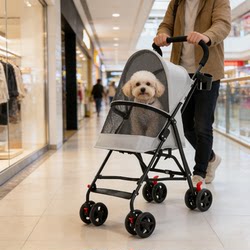 Lightweight Foldable Pet Stroller for Small Dogs and Cats, Breathable Mesh Fabric, Four-Wheel Shock-Absorbing Stroller