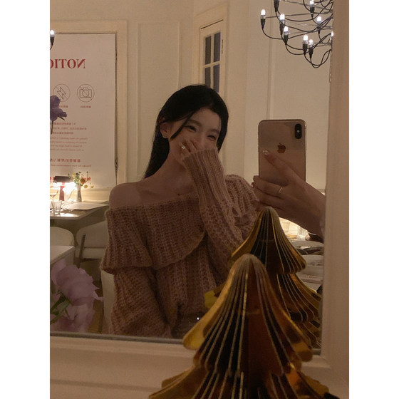 
YIYIWANG lychee soda floral pink ruffled lapel lazy sweater gentle top for women