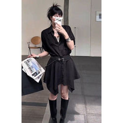 2026 New Korean-Style High-End Shirt Dress for Women, Spring and Summer Black Waist-Cinching Irregular Hem Elegant Short Dress