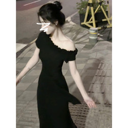2026 New Black Ruffled Off-Shoulder Short-Sleeve Dress for Women, Summer Korean Style Waist-Cinching Tie-Up Off-Shoulder Long Dress