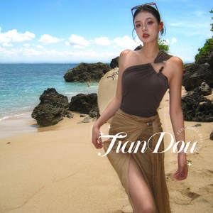 
[Oatmeal Latte] Retro off-the-shoulder hot spring vacation beach long dress, slimming swimsuit and bikini two-piece set
