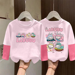 Spring and Autumn 2026 New Style Girls' Cartoon Long-Sleeve T-Shirt, Girls' Layered Fake Two-Piece Pure Cotton Base Shirt for Girls