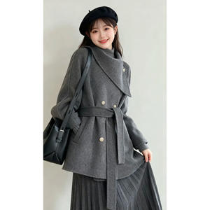 Korean double-sided cashmere coat for women 2025 autumn and winter new temperament versatile lace-up mid-length woolen coat