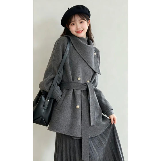 Korean double-sided cashmere coat for women 2025 autumn and winter new temperament versatile lace-up mid-length woolen coat