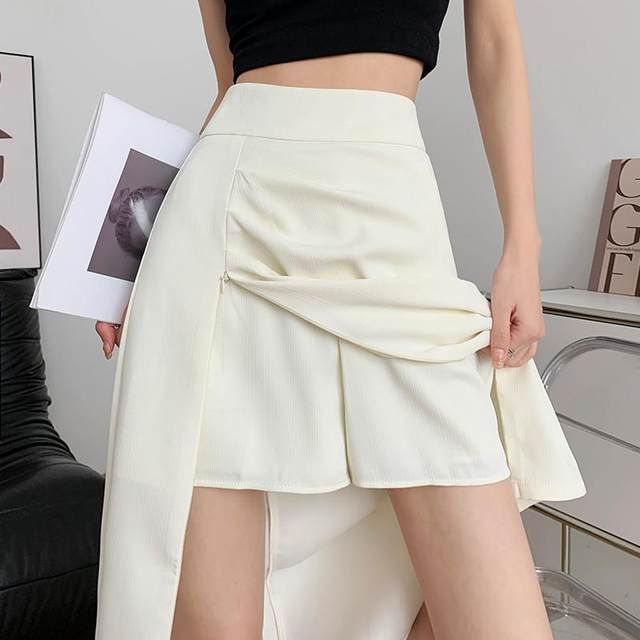 Folding zipper split skirt Female summer high waist irregular A -line skirt Small Korean versatile mid -length skirt
